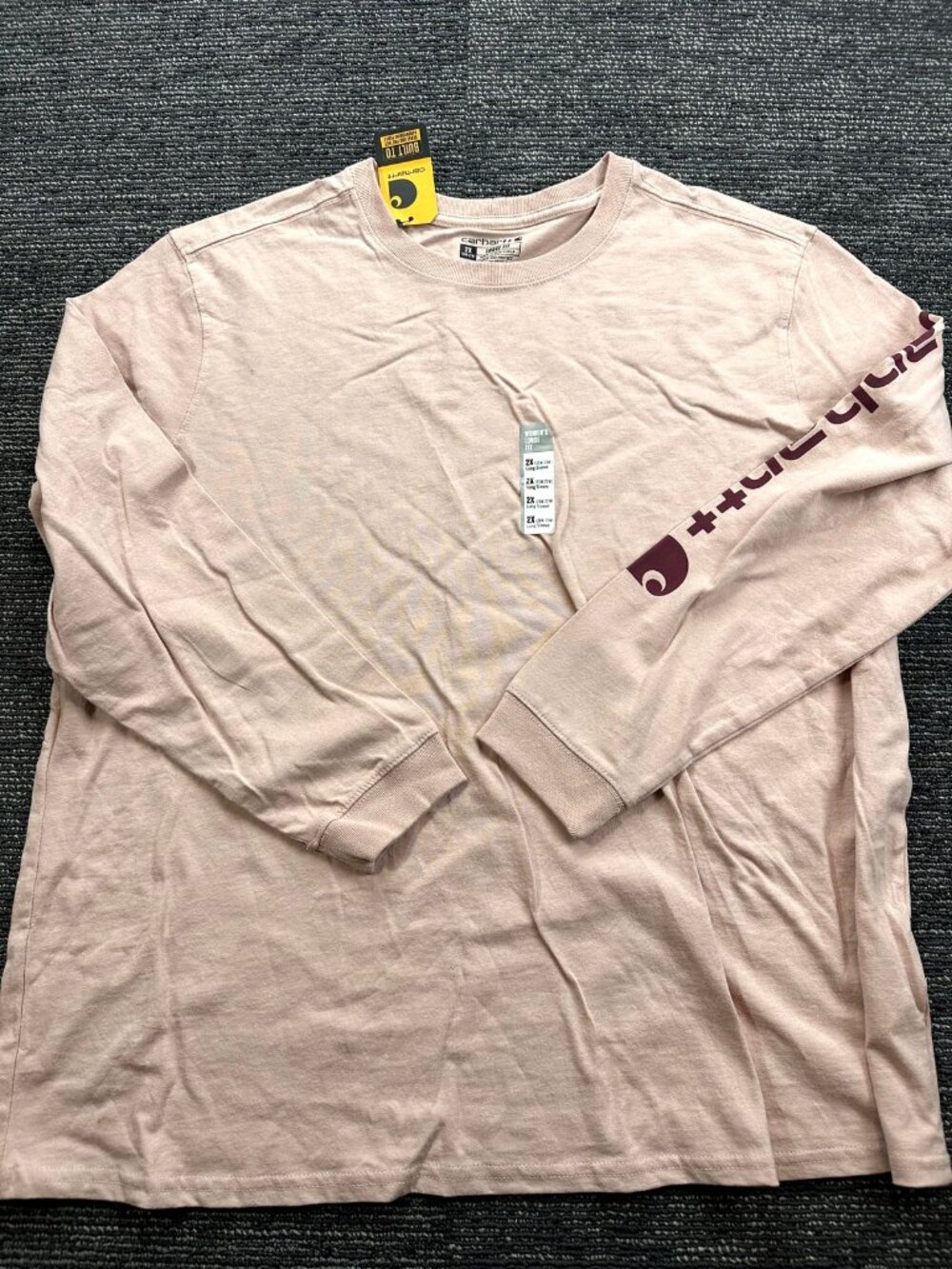 Carhartt Womens 2X Plus Logo Long Sleeve T-Shirt Loose Fit Pink Tan NWT